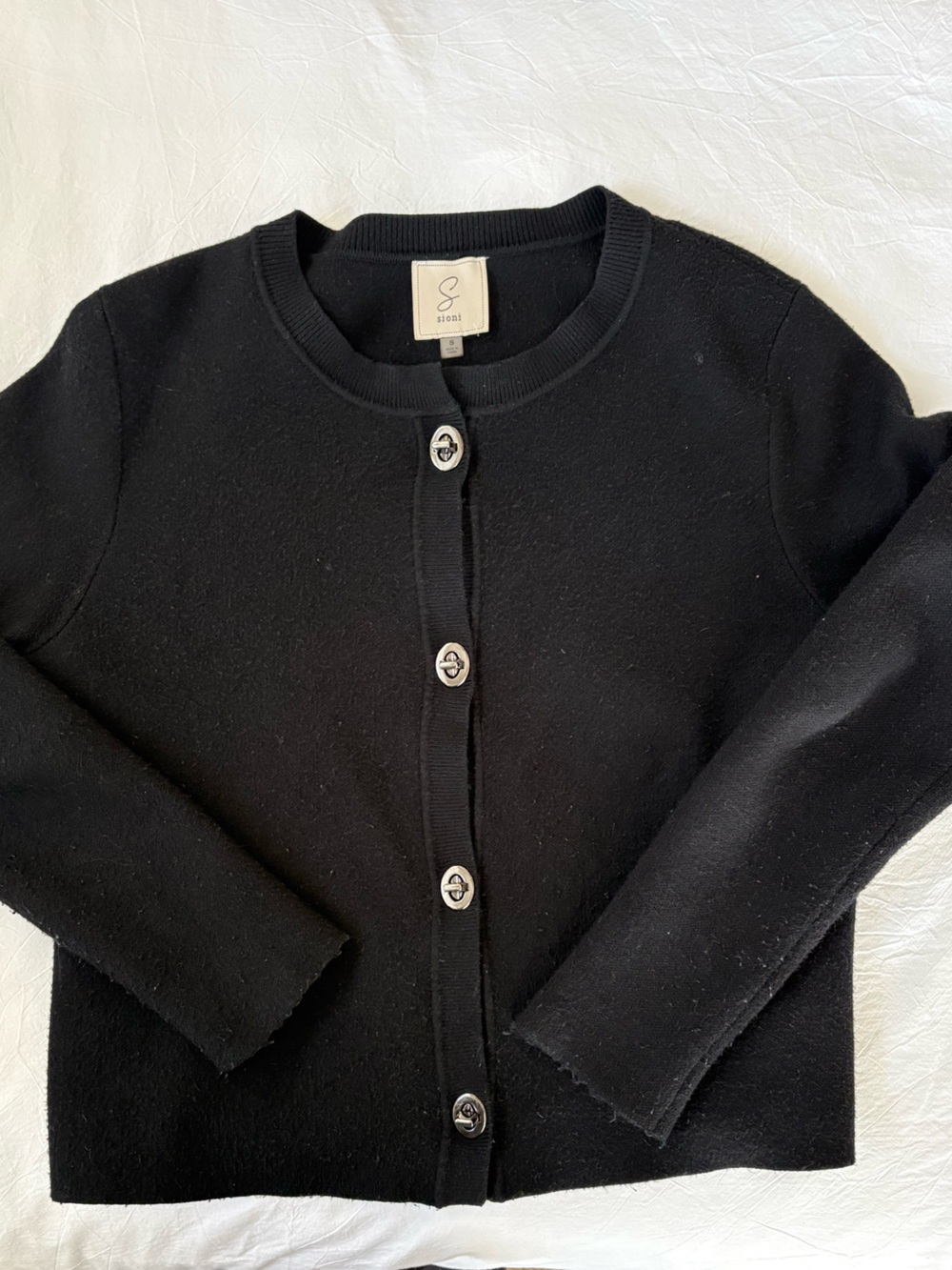Sioni Black Button-Front Sweater Cardigan with Silver-Tone Turn Locks